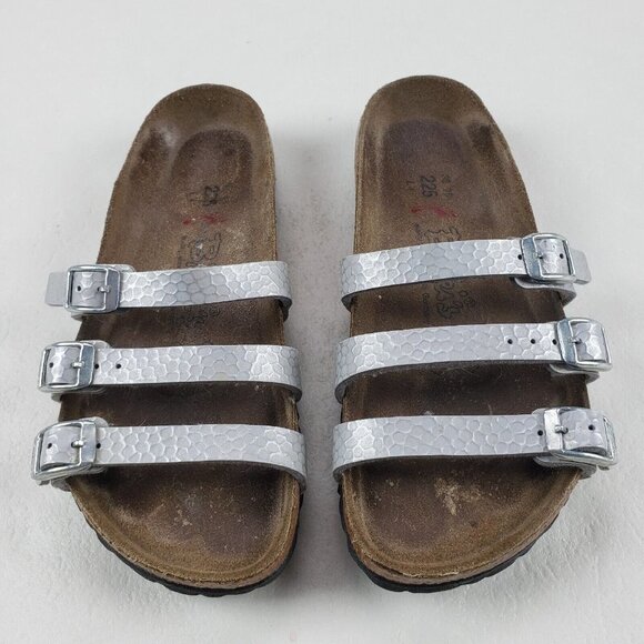 Birkis Birkenstock Metallic Sandals Silver Womens 4-4.5 35 Leather Strappy Slide - Picture 3 of 11